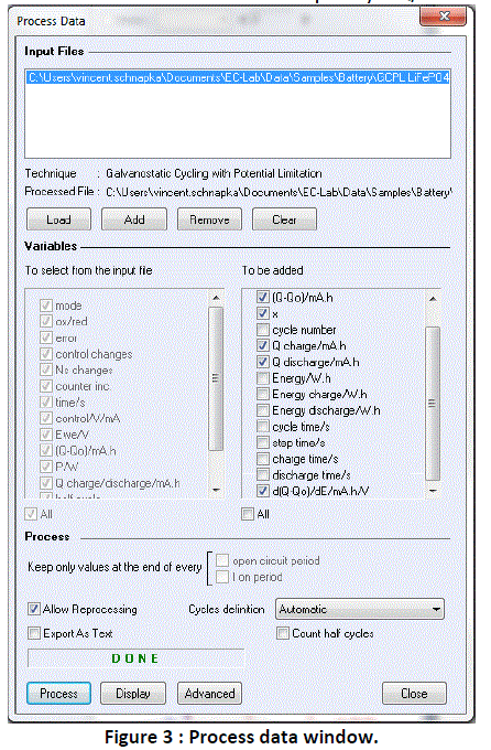 EC-Lab 10.21 Process Data window used for differential-capacity calculation.